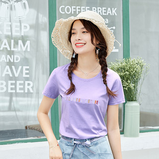 艾路丝婷字母刺绣短袖T恤女2020夏装新款韩版紫色上衣修身棉体恤