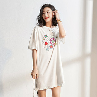 索菲丝尔白色短袖印花t恤女长款2020夏季新款韩版宽松大码连衣裙