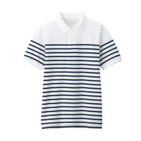 無印良品 MUJI 無印良品 男式 新疆棉 珠地网眼编织 条纹短袖POLO衫 白色X横条 L
