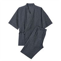 无印良品 MUJI 男式 阿波染色编织 和服式夏季短装 纯棉 黑色X图案 ONE SIZE