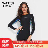 Watertime蛙咚 女游泳衣 水母衣潜水浮潜服 保守冬泳保暖防寒运动泳衣 连体印花长袖冲浪服防晒 黑色蝶舞印花 L
