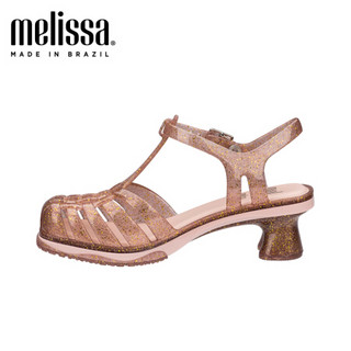 melissa梅丽莎复古方头高跟编织儿童闪粉凉鞋中童果冻鞋 粉色 内长20cm
