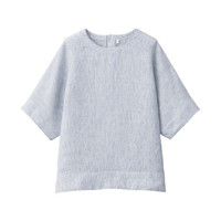 無印良品 MUJI 無印良品 女式 亚麻水洗 短袖罩衫 海军蓝X条纹 XS-S