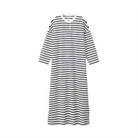 無印良品 MUJI 無印良品 女式 粗棉线 天竺编织 立领连衣裙 白色X横条 M-L