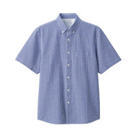 無印良品 MUJI 無印良品 男式 新疆棉泡泡纱格纹 纽扣领短袖衬衫 蓝色 L