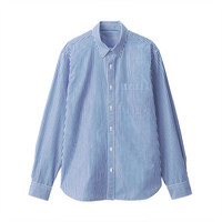 無印良品 MUJI 無印良品  男式 新疆棉 水洗平纹 条纹衬衫 纯棉衬衫 休闲衬衫 天蓝色 L