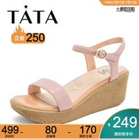 Tata/他她夏粉色羊皮革通勤一字带坡跟女凉鞋2NTB9BL9 粉色 37