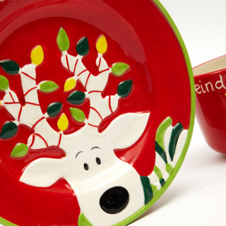 爱屋格林（Evergreen）咖啡杯 圣诞麋鹿精装手绘陶瓷3D立体浮雕果盘礼盒P3273236