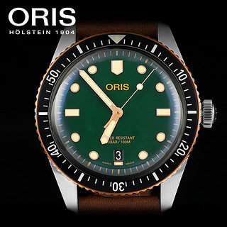 ORIS 豪利时 潜水系列65年复刻版青铜外圈绿盘皮带男士自动机械腕表