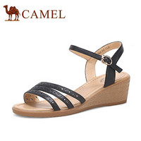 骆驼（CAMEL） 女鞋 舒适休闲风牛皮镂空化装饰坡跟妈妈凉鞋 A02221639 黑色 40