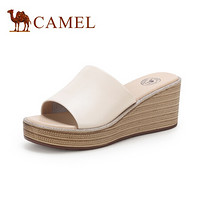 骆驼（CAMEL） 女鞋 气质简约一片式牛皮坡跟凉拖鞋 A020076191 米白 38