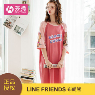 芬腾 睡裙女2020年LINE FRIENDS正版授权布朗熊印花圆领家居服女士睡裙I98111678 橡皮红 M