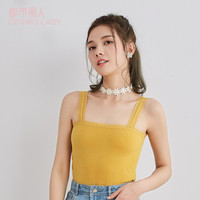 都市丽人吊带背心女20春夏薄款棉质一字领花边吊带休闲拼款女士吊带上衣2V9504 姜黄 L
