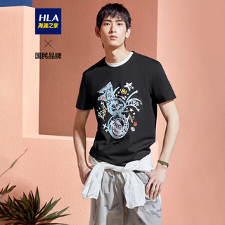 HLA海澜之家短袖T恤男2020夏季抽象印花图案圆领棉质套头衫HNTBJ2Q187A黑色花纹(J7)180/96A(52)
