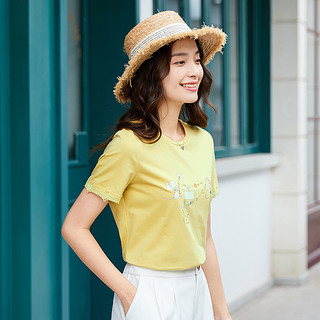 艾路丝婷印花短袖T恤女2020夏装新款韩版修身体恤花边洋气棉上衣