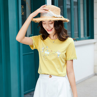 艾路丝婷印花短袖T恤女2020夏装新款韩版修身体恤花边洋气棉上衣