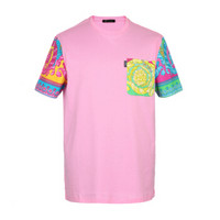 范思哲 VERSACE 奢侈品 男士棉质印花圆领短袖T恤 粉色 A82921 A230455 A394 M码