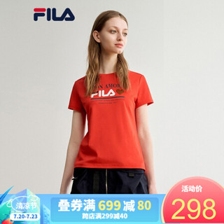 FILA 斐乐官方女子短袖T恤2020夏新款百搭个性简洁刺绣时尚Tins潮 传奇红-RD 165/84A/M