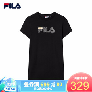 FILA 斐乐官方 女子连衣裙2020春季新款运动宽松针织连衣裙女裙 正黑色-BK 175/92A/XL