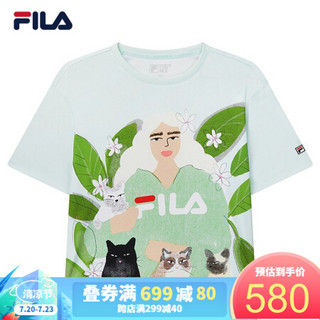 FILA 斐乐官方 女子短袖T恤 2020夏秋新款时尚高腰宽松落肩半袖服 蜜露绿-TQ 170/88A/L