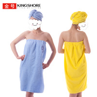 金号 KINGSHORE/依诗家 纯棉素色绣花浴裙+浴帽 全棉吸水透气 双扣抹胸式