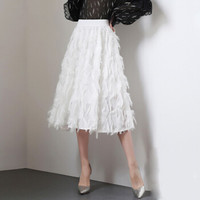 BANDALY 2019秋季新品女装半身裙女雪纺不规则羽毛流苏中长款a字裙气质高腰蓬蓬裙 KKQQ1870 白色 XL