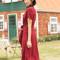 茵曼法式连衣裙夏装新款系带红色短袖波点复古赫本风中长裙女收腰