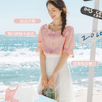茵曼衬衣2020夏装新款纯棉方领花边法式复古后领交叉衬衫女花瓣袖