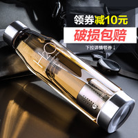 天喜玻璃杯便携创意茶水杯随手杯女透明过滤杯子男茶水分离泡茶杯 深蓝色450ml+杯套杯刷