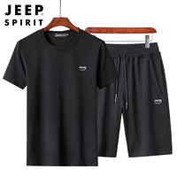 吉普JEEP 套装男短袖T恤短裤中青年休闲套装2020年春夏圆领衣服 XYL7089TZ 黑色 XL