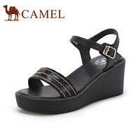 骆驼（CAMEL） 女鞋 气质闪闪一字带水钻扣带坡跟凉鞋 A020076196 黑色 37