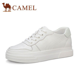 骆驼（CAMEL） 女士 时尚休闲牛皮圆头厚底增高小白鞋 A01566604 米/绿 36