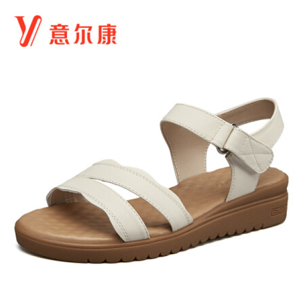 商品意尔康女鞋平底一字带凉鞋女坡跟软底露趾妈妈鞋 y372zl29931w 米