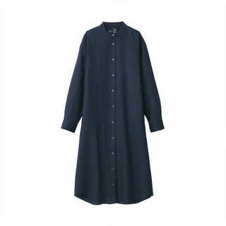 MUJI 无印良品 女士纯色亚麻立领单排扣宽松长袖连衣裙BCL05C0S 深海军蓝 XL