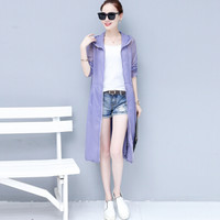 沫欣 2019夏季新品女装风衣女韩版连帽中长款宽松大码透气防晒服薄款外套 zx1AF11-777 紫色 M