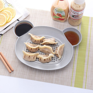 莱朗 创意卡通餐盘小麦秸秆饺子盘 厨房双层沥水餐具带醋碟饺子盘鱼盘薯条盘点心盘 米色