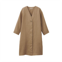 无印良品 無印良品 MUJI 女式 法国亚麻 大衣 外套 深咖啡棕色 M-L