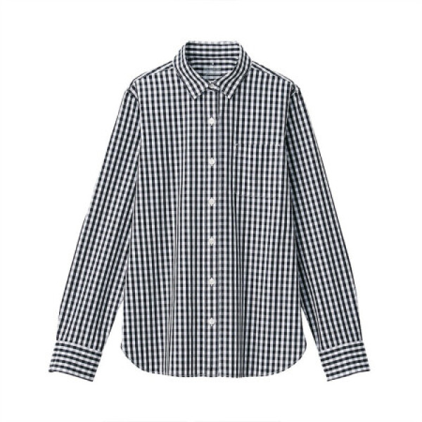 商品无印良品 muji 女式 新疆棉水洗平纹 双重格子衬衫 黑色 s