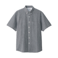 無印良品 MUJI 無印良品 男式 新疆棉泡泡纱格纹 纽扣领短袖衬衫 中灰色 L