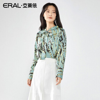 【设计师联名款】ERAL 艾莱依 浪漫印花仙气雪纺衫女V领上衣6019AA24035 绿底黄花 170