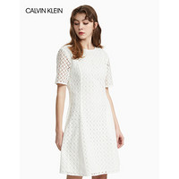 CALVIN KLEIN/CK 2020春夏款女装 镂空花纹短袖连身裙A字裙W54736C394 100-白色 38