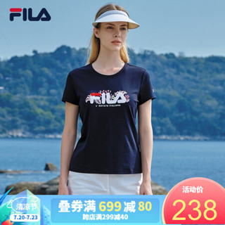 FILA 斐乐官方女子短袖T恤 2020夏季新款百搭时尚丝柔棉圆领T恤 传奇蓝-NV 165/84A/M