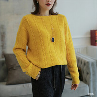 Markentsee 2019秋装新品针织衫女装韩版纯色针织套头毛衣宽松百搭全身麻花打底衫女潮 CCHWT023 黄色 均码