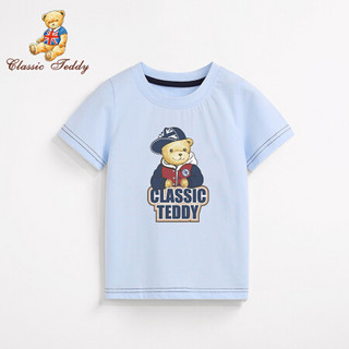 精典泰迪 Classic Teddy 童装男童短袖T恤女童半袖上衣儿童宝宝衣服2020年新款夏装D1 棒球帽子熊D-浅蓝2 90