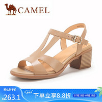 骆驼（CAMEL） 女鞋 优雅质感羊皮后空一字扣带粗跟凉鞋 A02195625 杏色 39