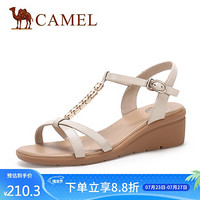 骆驼（CAMEL） 女鞋 简约大方牛皮金属装饰丁字扣带中跟凉鞋 A025046270 米色 39