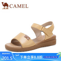 骆驼（CAMEL） 女士 舒适清爽牛皮坡跟魔术贴妈妈凉鞋 A025046268 黄色 37