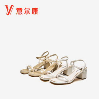 意尔康 意尔康女鞋韩版优雅高跟鞋仙女风透明条带粗跟时装凉鞋女 Y351ZL49496W 米白 39