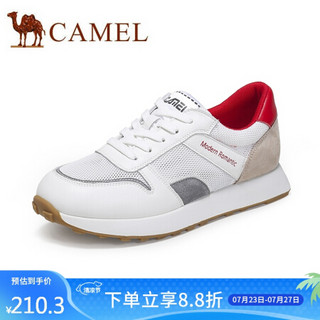 骆驼（CAMEL） 女鞋 复古风透气撞色鞋面拼接内增高跑步鞋 A03503658 白/杏/红 36