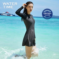 蛙咚泳衣女新款保守裙式连体长袖泳装女遮肚显瘦温泉浮潜水游泳衣 灰色 S